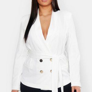 White Tie Belt Blazer with Gold Buttons